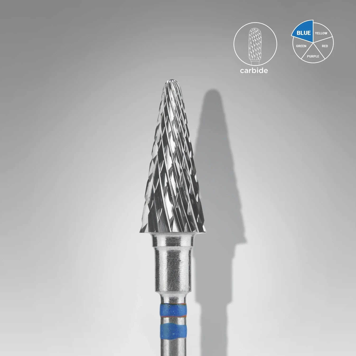 Tapered silver carbide nail drill bit with blue band for manicure and pedicure