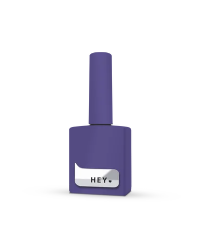 Purple nail polish bottle with square cap and 'HEY' label, manicure product