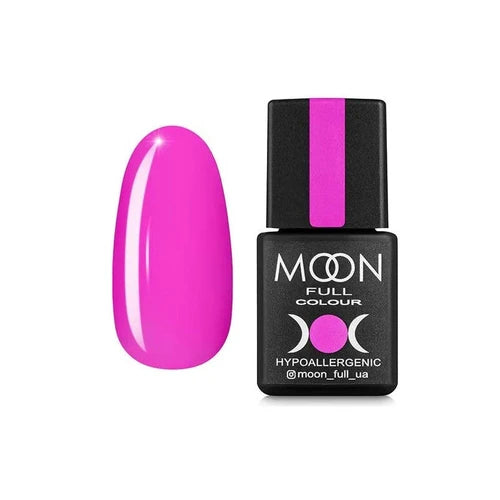 Neon pink gel nail polish bottle with color swatch, hypoallergenic manicure product