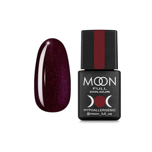 Eggplant gel polish swatch and bottle, Moon Full Colour, 8ml, deep purple shade for nails