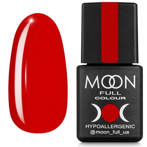 Red coral gel nail polish swatch and hypoallergenic MOON FULL COLOUR bottle for manicure