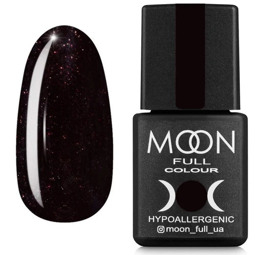 Glossy dark plum gel nail polish swatch and Moon Full Colour hypoallergenic bottle