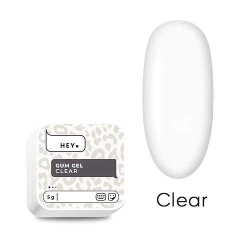 Clear nail gum gel for manicure, showing product jar and swatch on white background