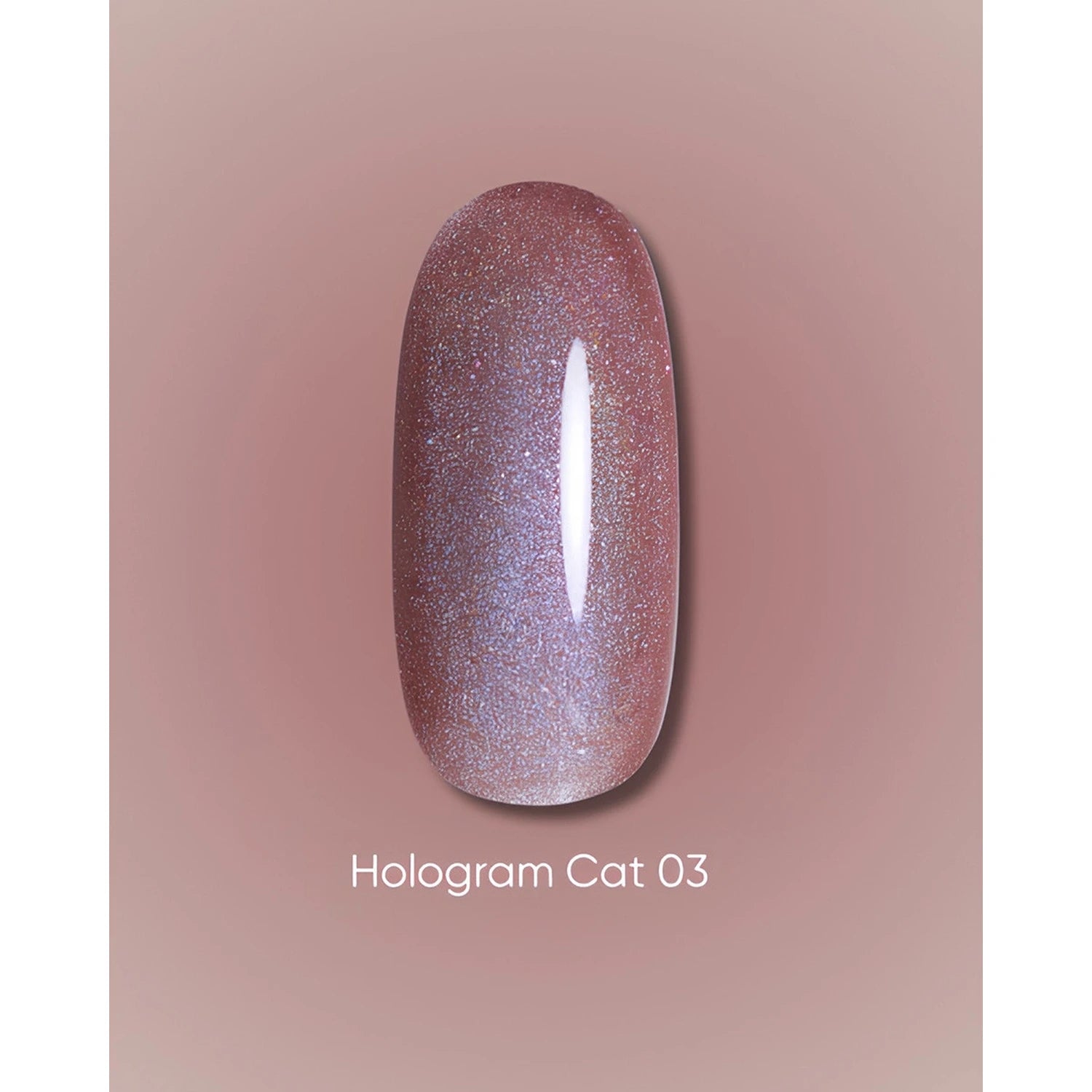 Holographic cat eye UV gel polish swatch in shimmering mauve shade, labeled Hologram Cat 03