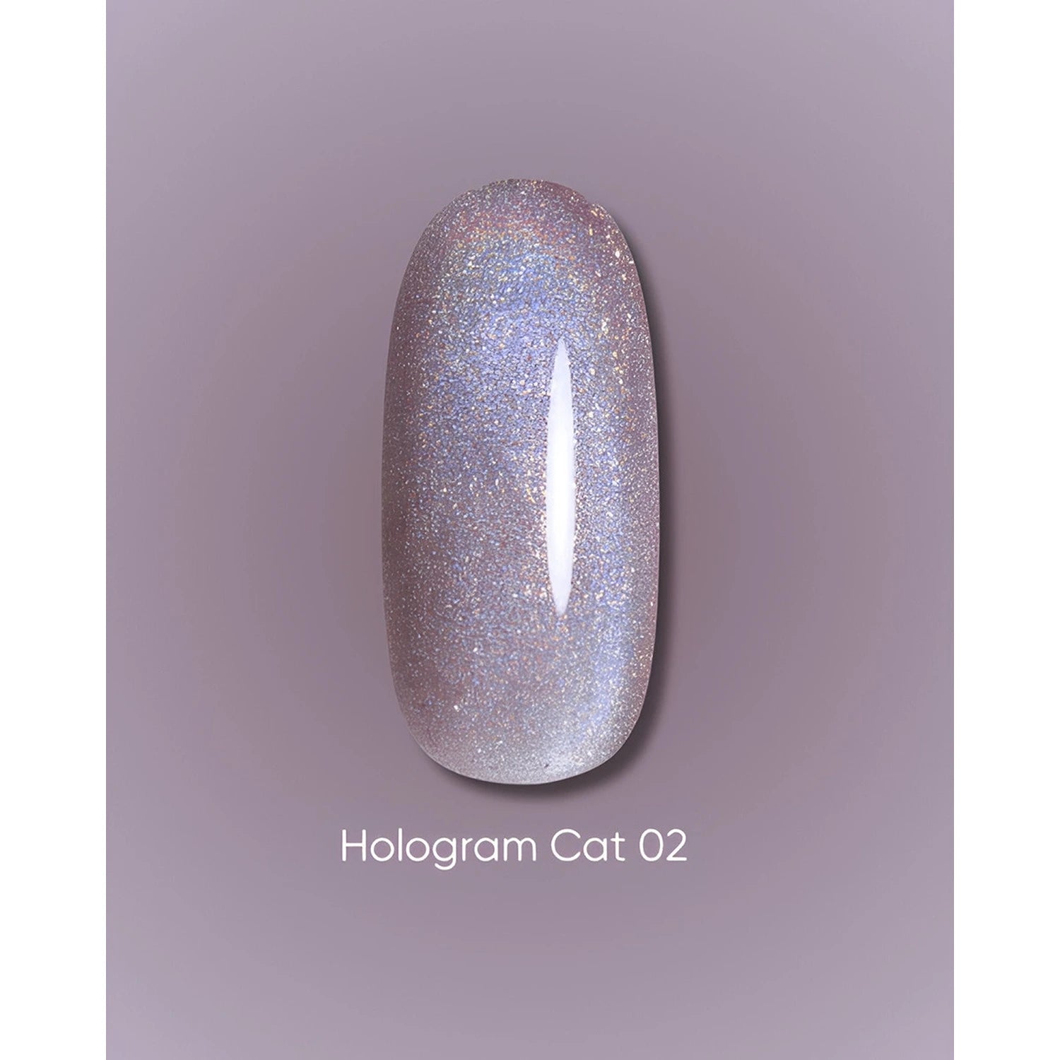 Holographic cat eye nail polish swatch in shimmering lilac shade, labeled Hologram Cat 02