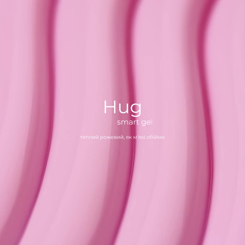 Pink smart gel texture with 'Hug smart gel' text, manicure nail product background