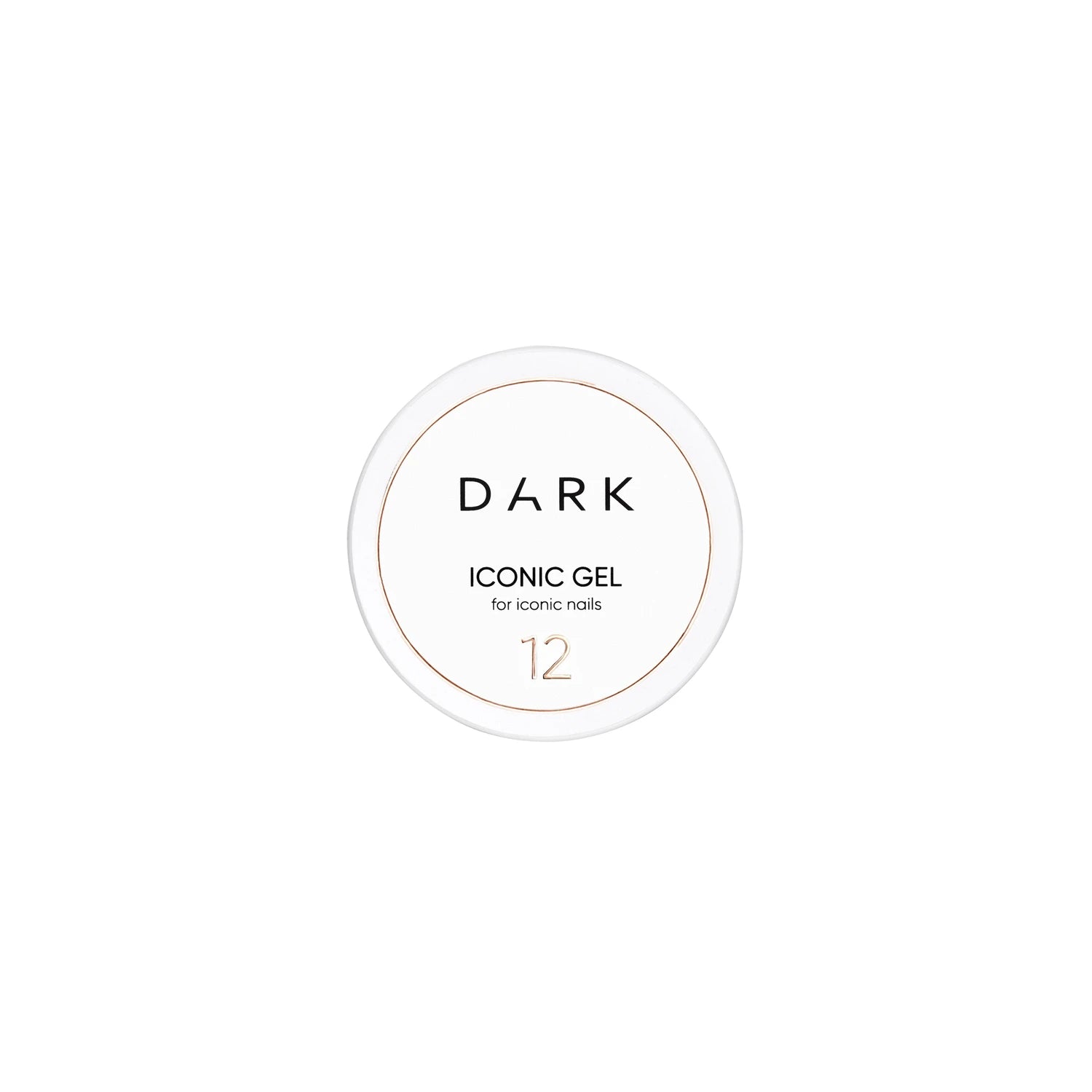 Round container labeled DARK Iconic Gel 12 for nails, white background, nail gel product