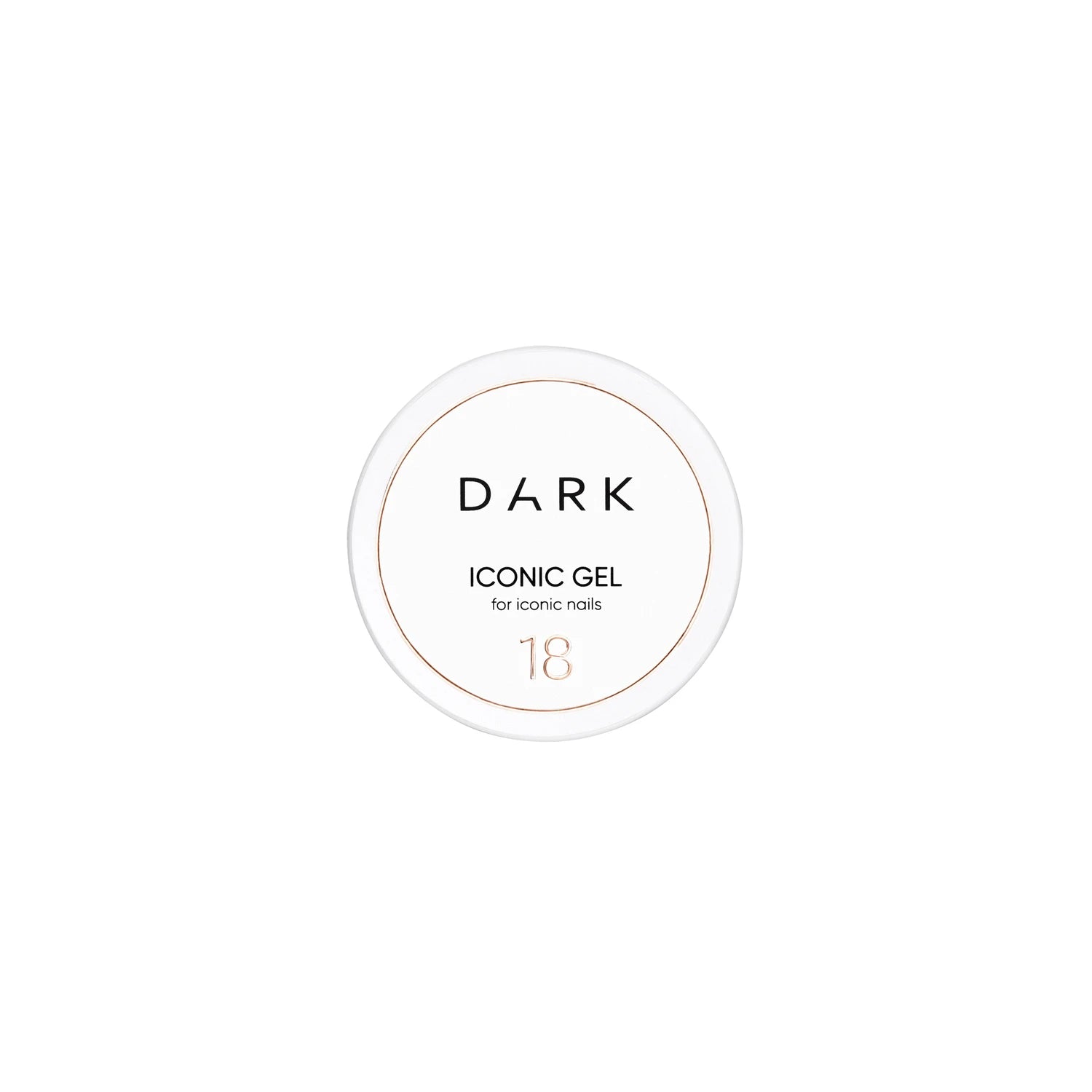 Round container of DARK Iconic Gel 18 for professional nail manicure on white background