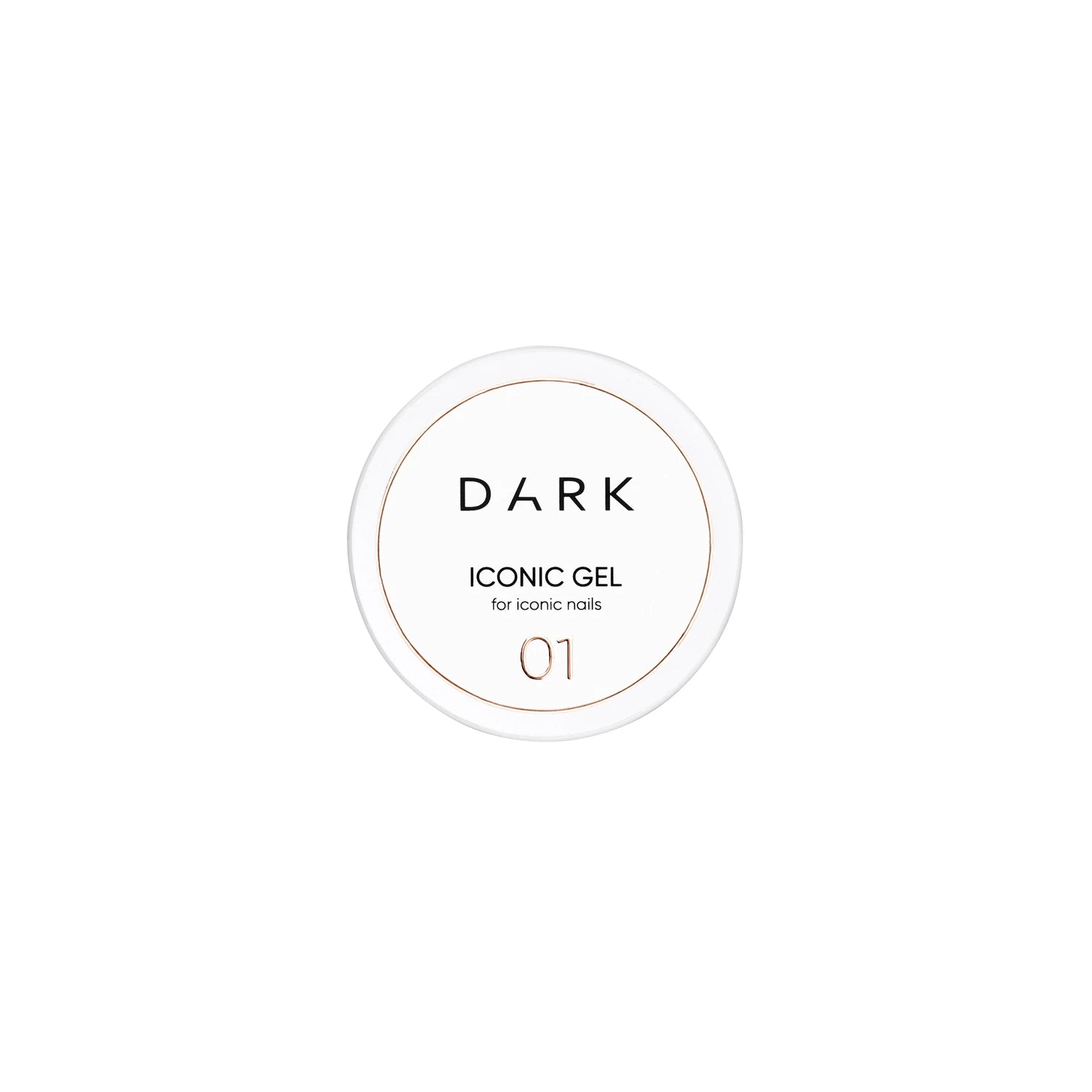 Dark Iconic Gel 01 nail gel container top view, white jar, professional manicure product