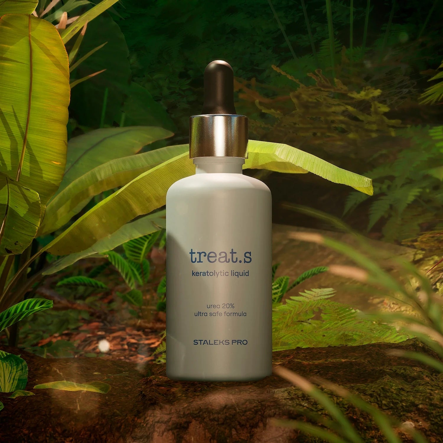 Kerolytic liquid dropper bottle for manicure, labeled 'treat.s', in lush green foliage.