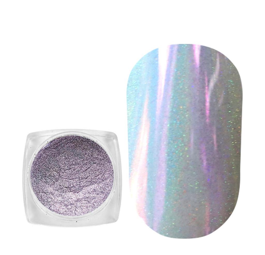 Holographic chrome nail powder in jar and iridescent powder effect on a nail tip