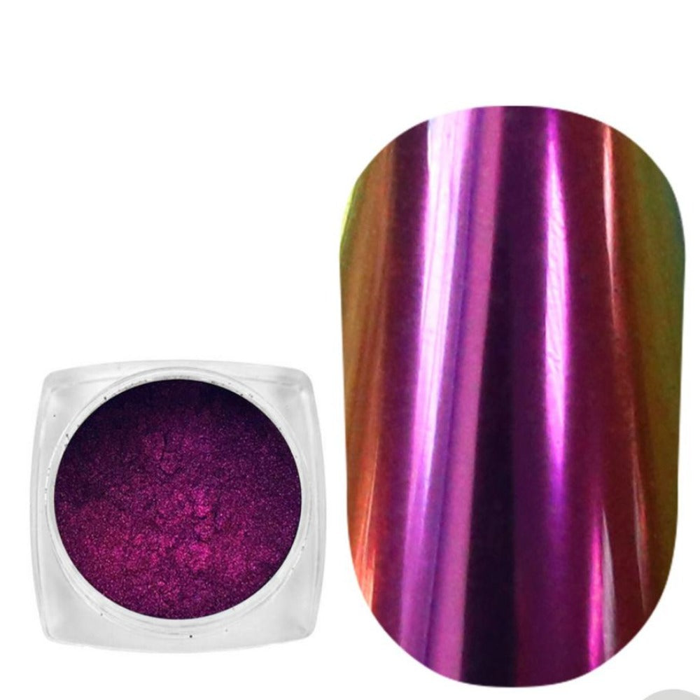 Chrome nail pigment powder and sample nail with metallic purple-pink chrome finish