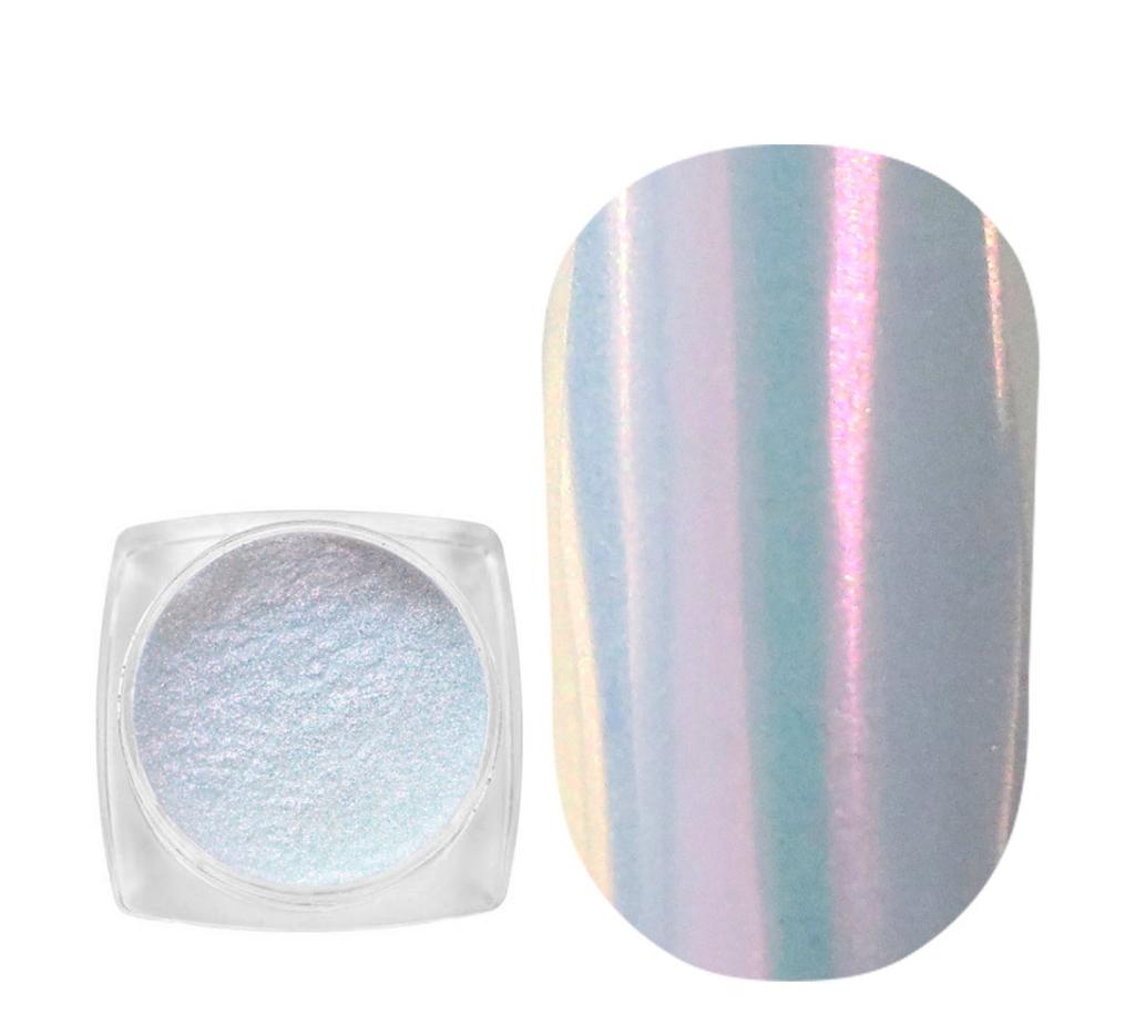 Iridescent unicorn chrome nail powder and sample swatch for manicure nail art