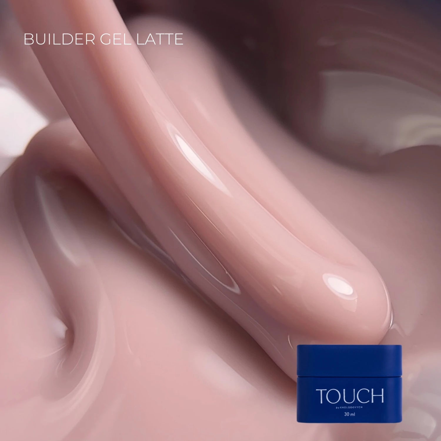Close-up of nude builder gel latte texture for nails with blue Touch gel container