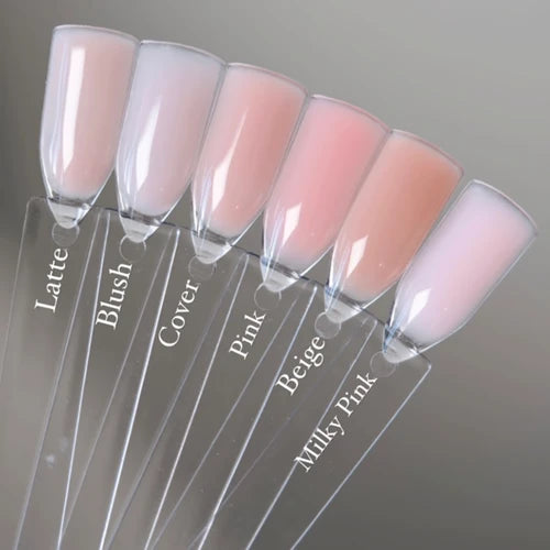 Nude gel nail polish color swatches labeled Latte, Blush, Cover, Pink, Beige, Milky Pink