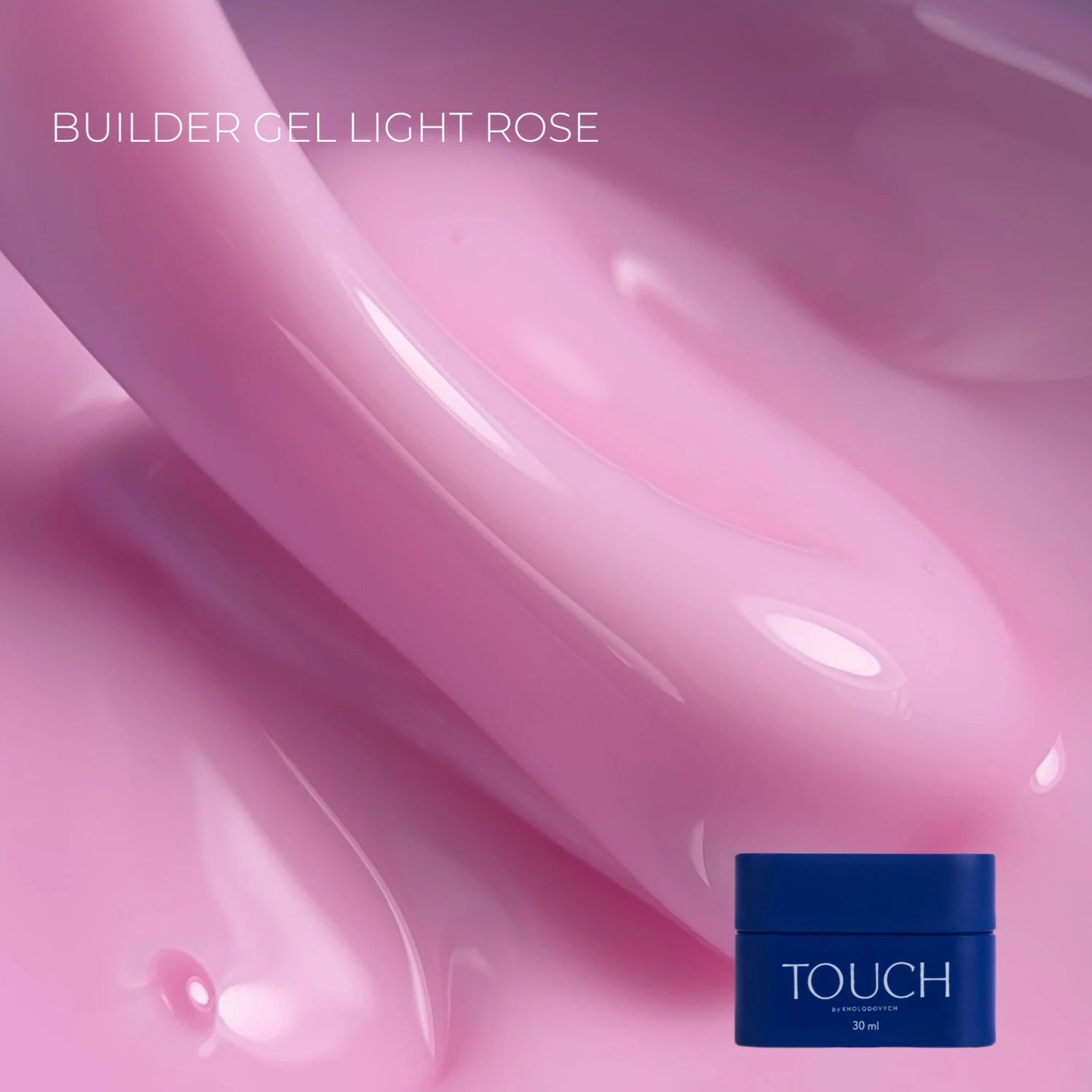 Light rose builder gel for nails, creamy pink texture with TOUCH jar, manicure product