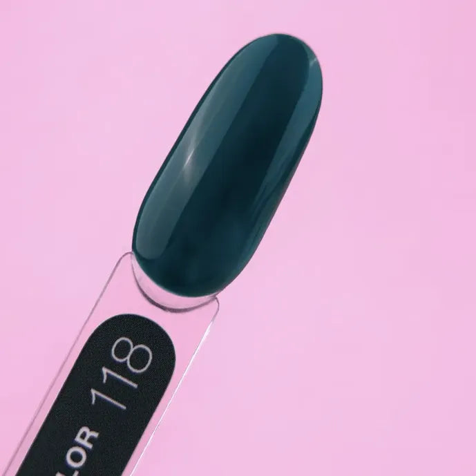 Dark green gel nail polish swatch on sample stick, labeled color 118, pink background