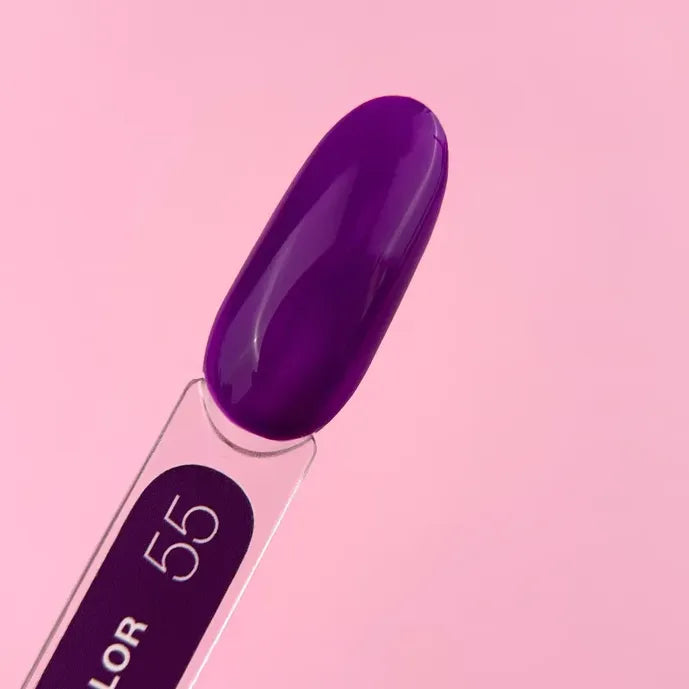 Glossy purple gel nail polish swatch on clear stick, number 55, pink background