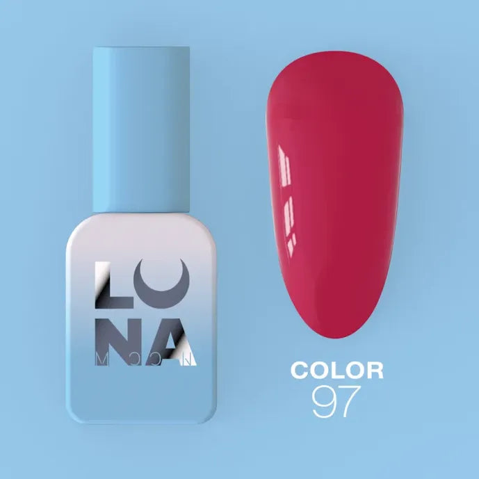 Red UV gel polish color sample and bottle labeled LUNA, shade 97, on blue background