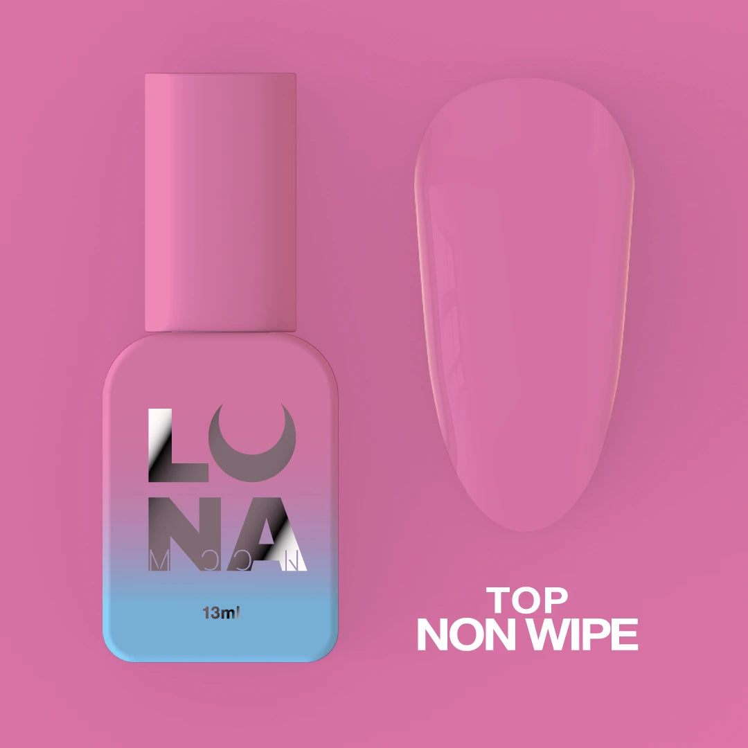 Pink UV gel top coat bottle with sample swatch, labeled top non wipe.