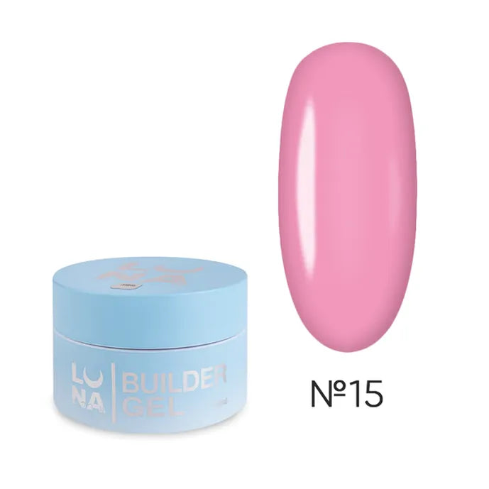 Pink builder gel for nails in a blue jar, shade number 15, with glossy finish.