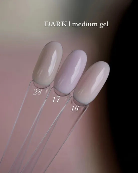 Three nail gel color swatches labeled 28, 17, 16 in nude and pink shades, medium gel.