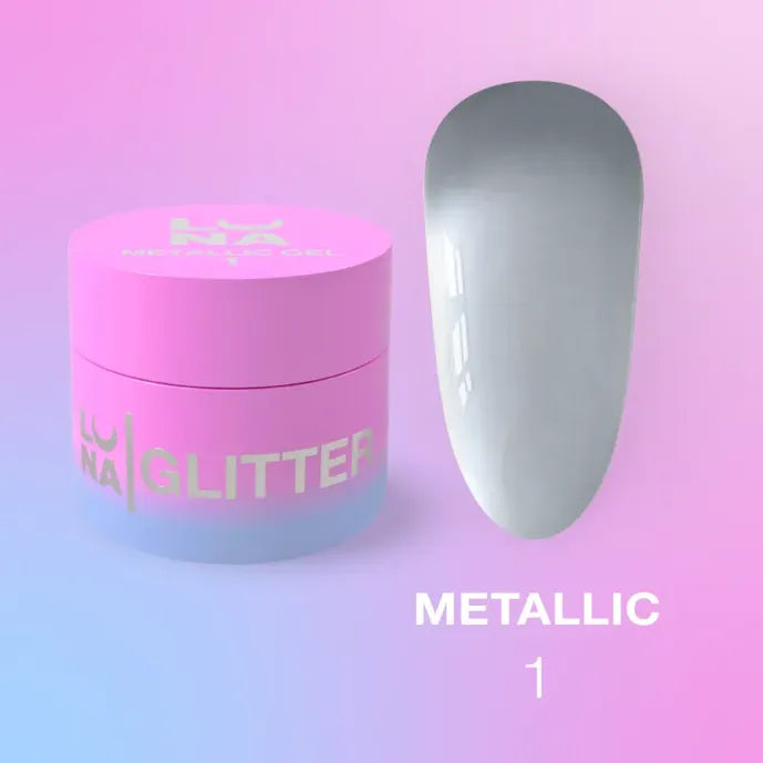 Metallic silver UV gel nail polish jar with matching nail swatch on pink gradient background