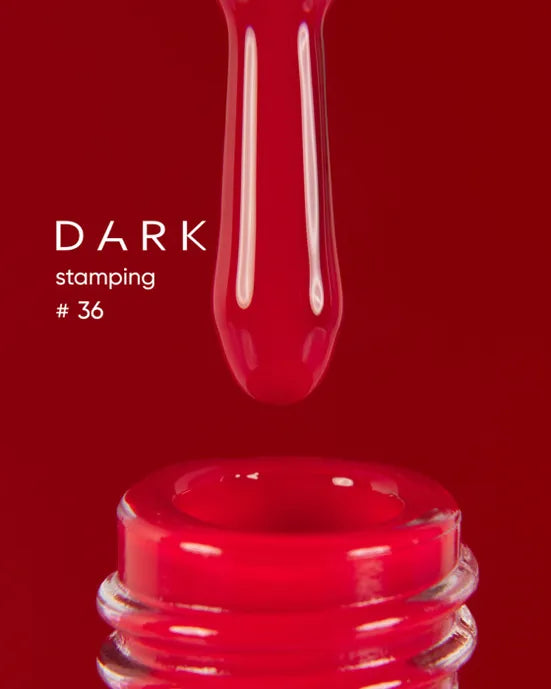 Red stamping nail polish bottle with brush, labeled Dark Stamping #36, manicure product