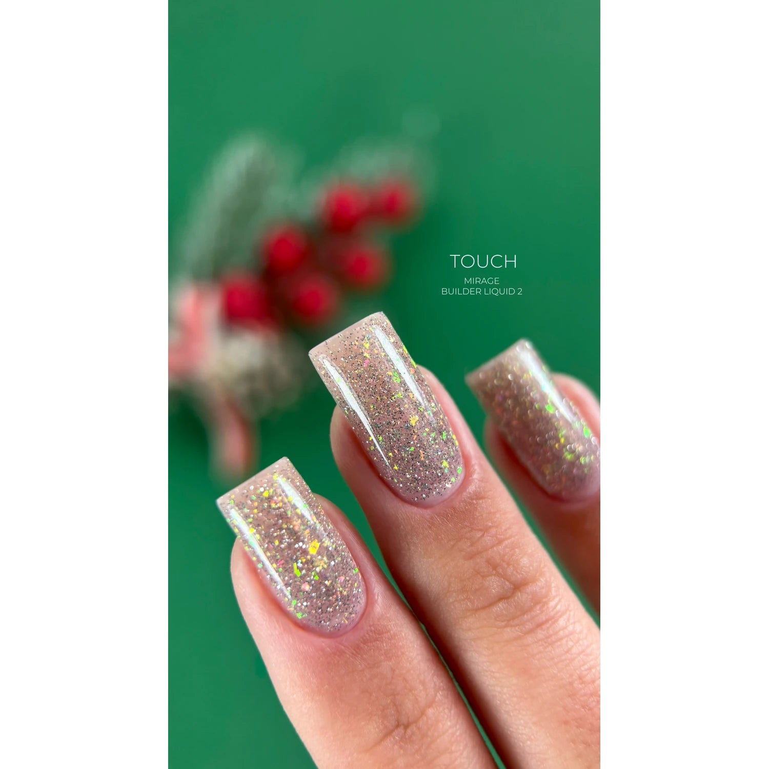 Square acrylic nails with clear, glitter builder gel polish on a green background.