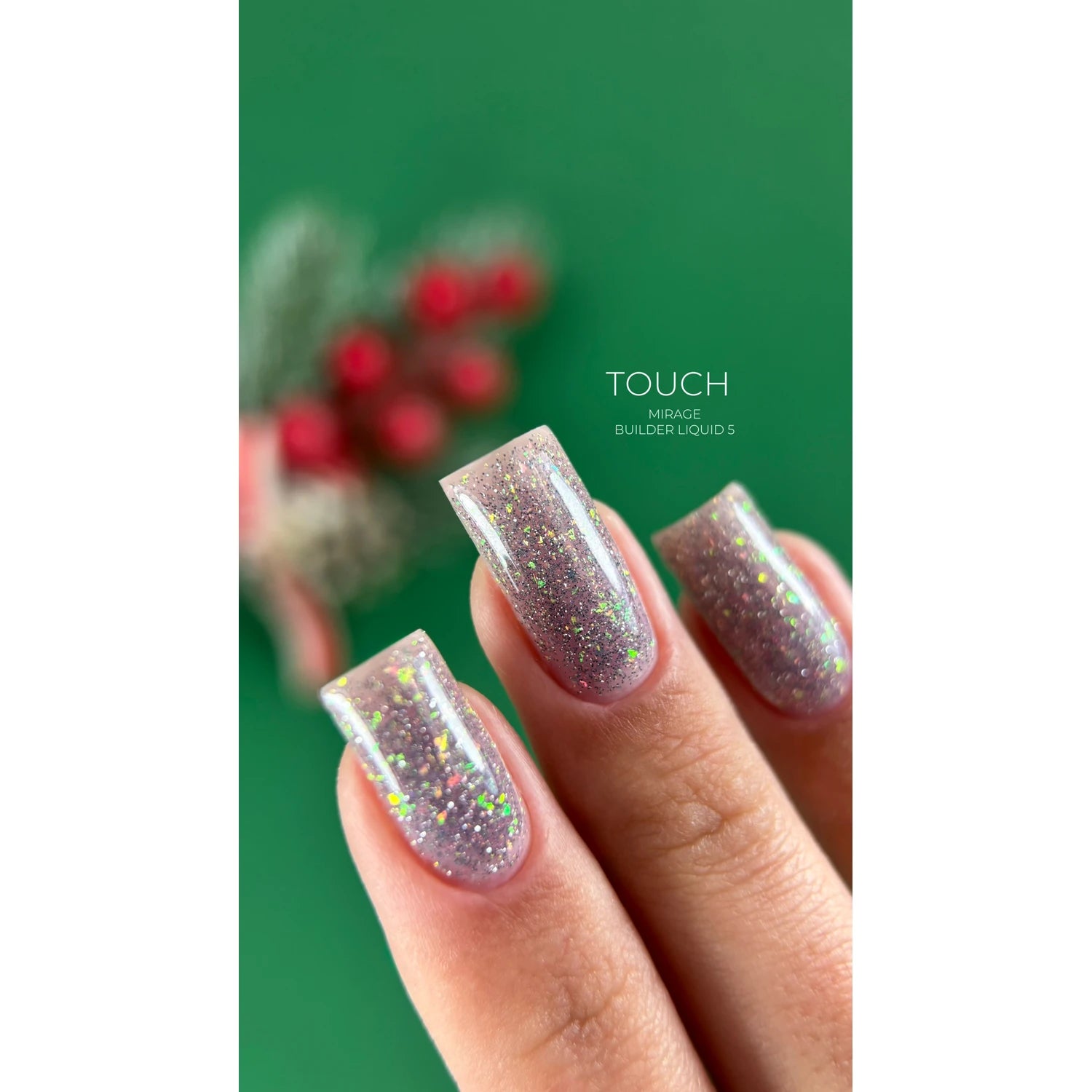 Close-up of square nails with glittery, iridescent UV gel polish manicure on green background