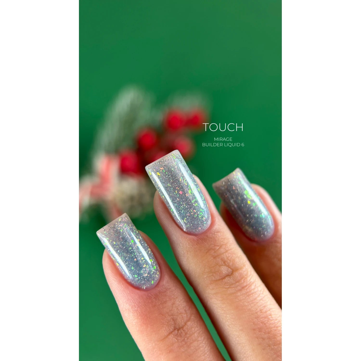 Hand with long square nails featuring iridescent glitter builder gel polish on a green background