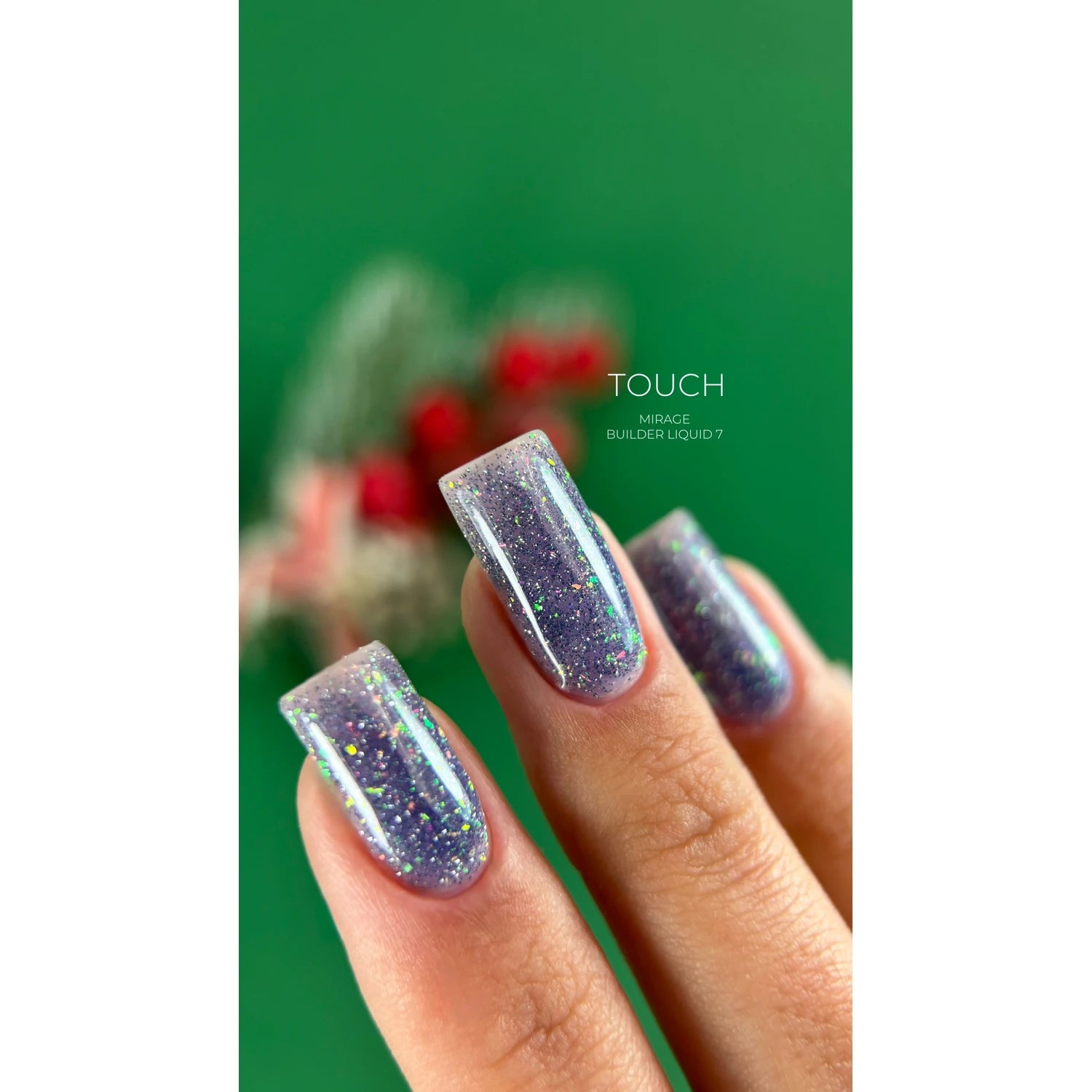 Close-up of manicured nails with sparkly purple builder gel polish on a green background