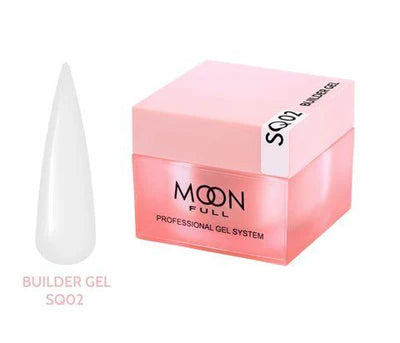 Moon Full Builder Gel SQ02 in a pink jar, with a sample swatch of milky white gel.