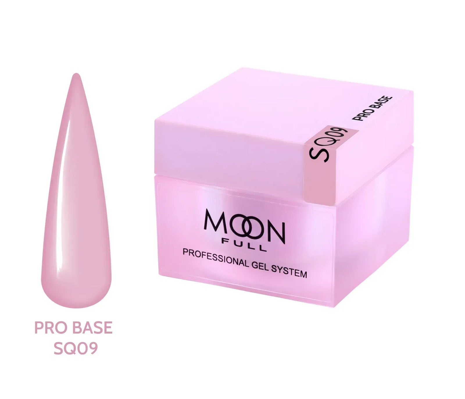 Pink gel container with a nail tip sample labeled 'MOON FULL' on a white background