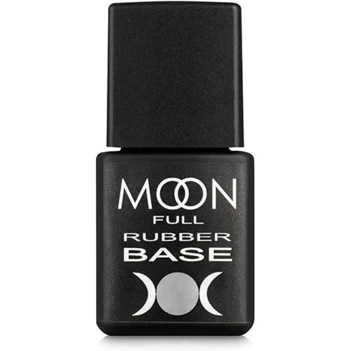 Black bottle of Moon Full Rubber Base gel polish for nails, 8ml, with white text and moon symbols.