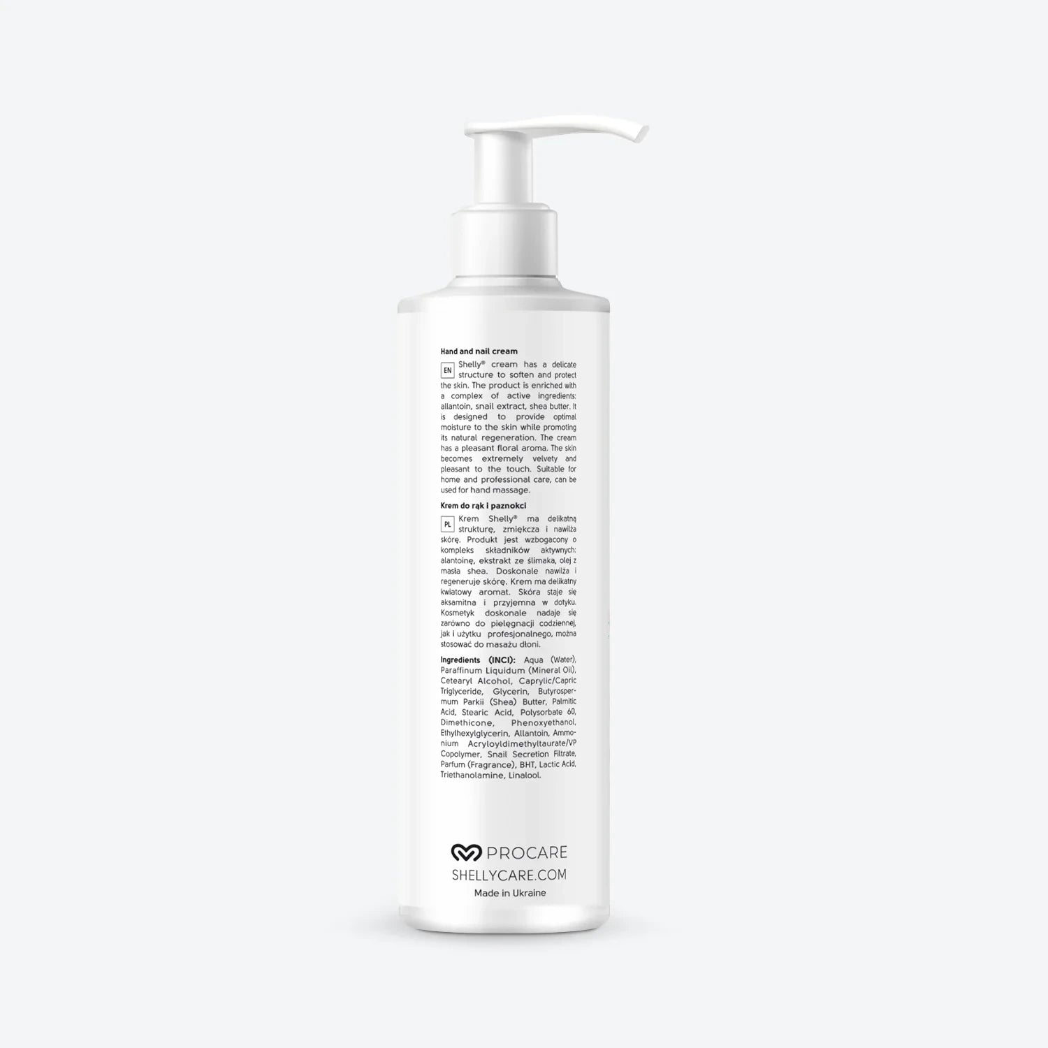 White pump bottle of hand and nail cream with detailed ingredient and usage text.