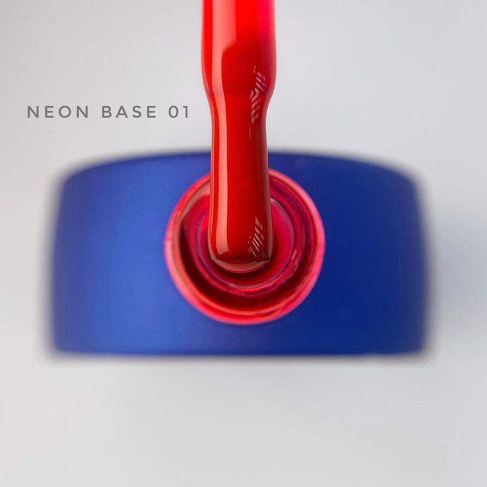 Red neon gel nail polish brush over open blue bottle, labeled NEON BASE 01