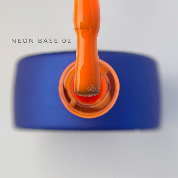 Orange neon base nail gel polish on brush above blue bottle, labeled Neon Base 02