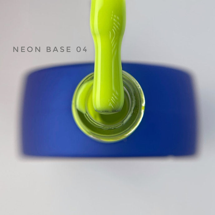 Neon yellow nail polish brush and bottle labeled Neon Base 04 on white background