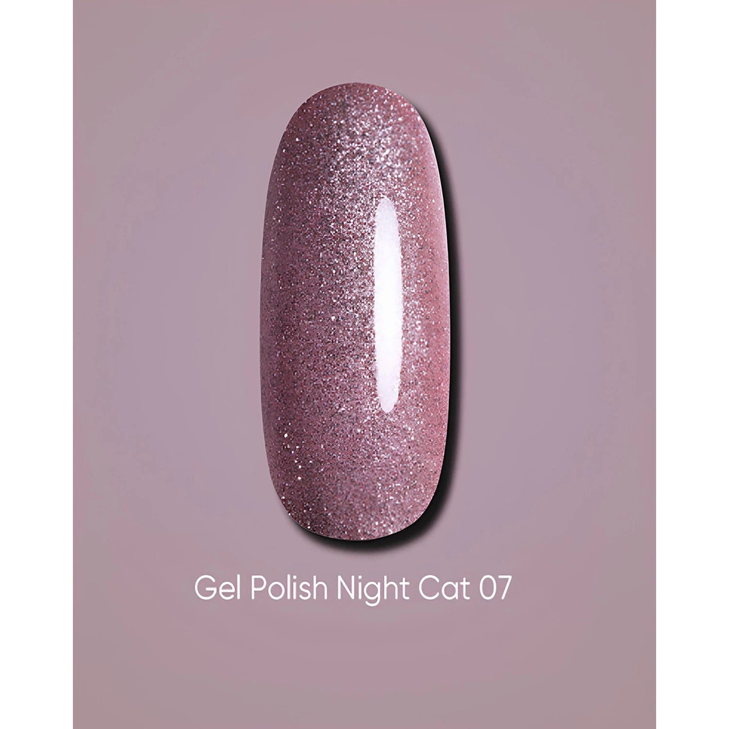 Night Cat 07 gel polish sample, glittery mauve nail color on neutral background