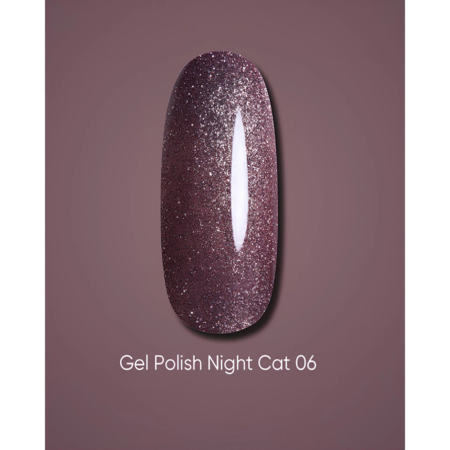 Shimmery dark mauve gel polish swatch, Gel Polish Night Cat 06, for manicure nails.