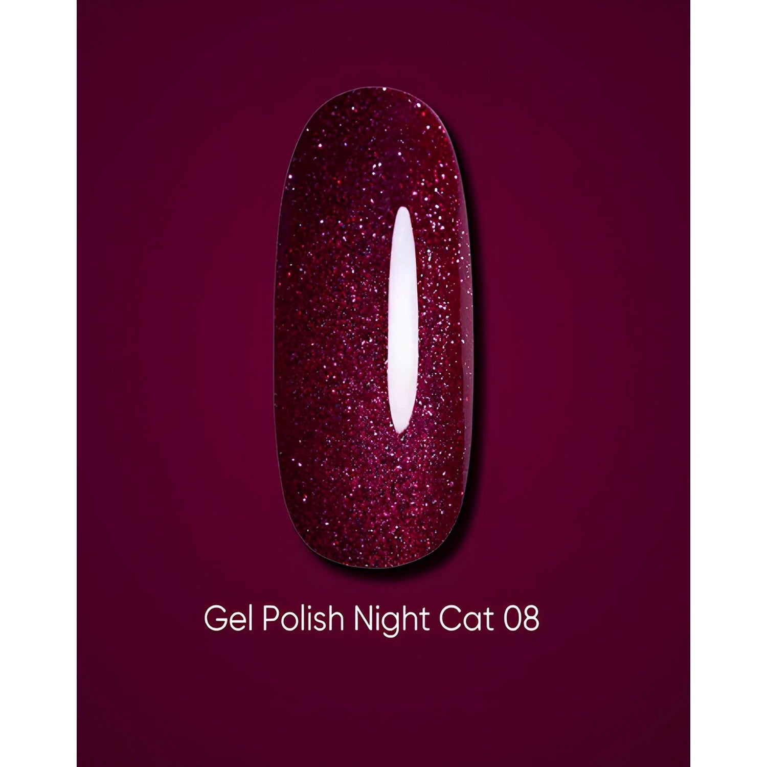 Swatch of Night Cat 08 gel polish, deep burgundy with fine glitter, nail product sample