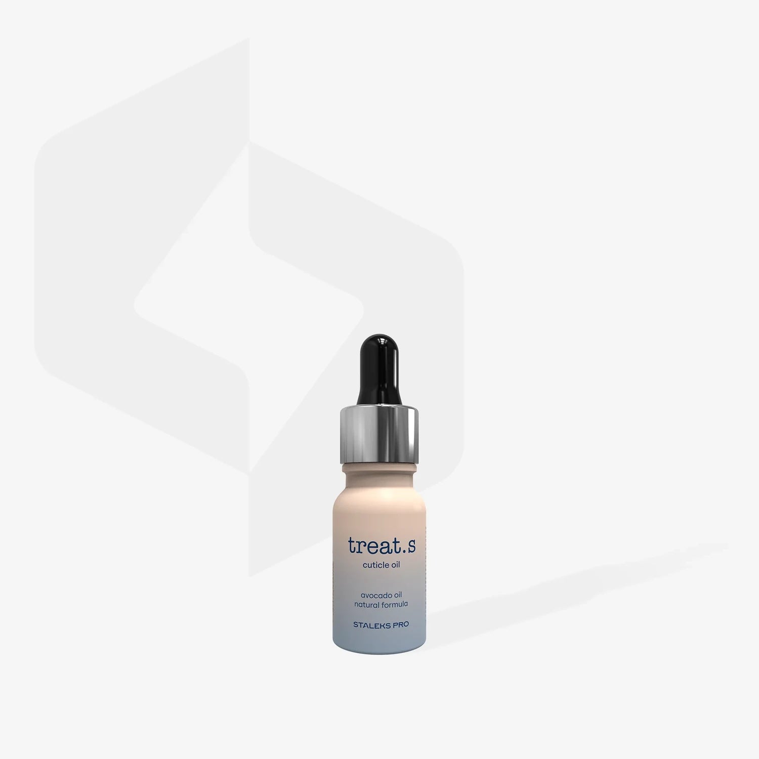 Staleks Pro treat.s cuticle oil bottle with dropper on white background, avocado oil formula