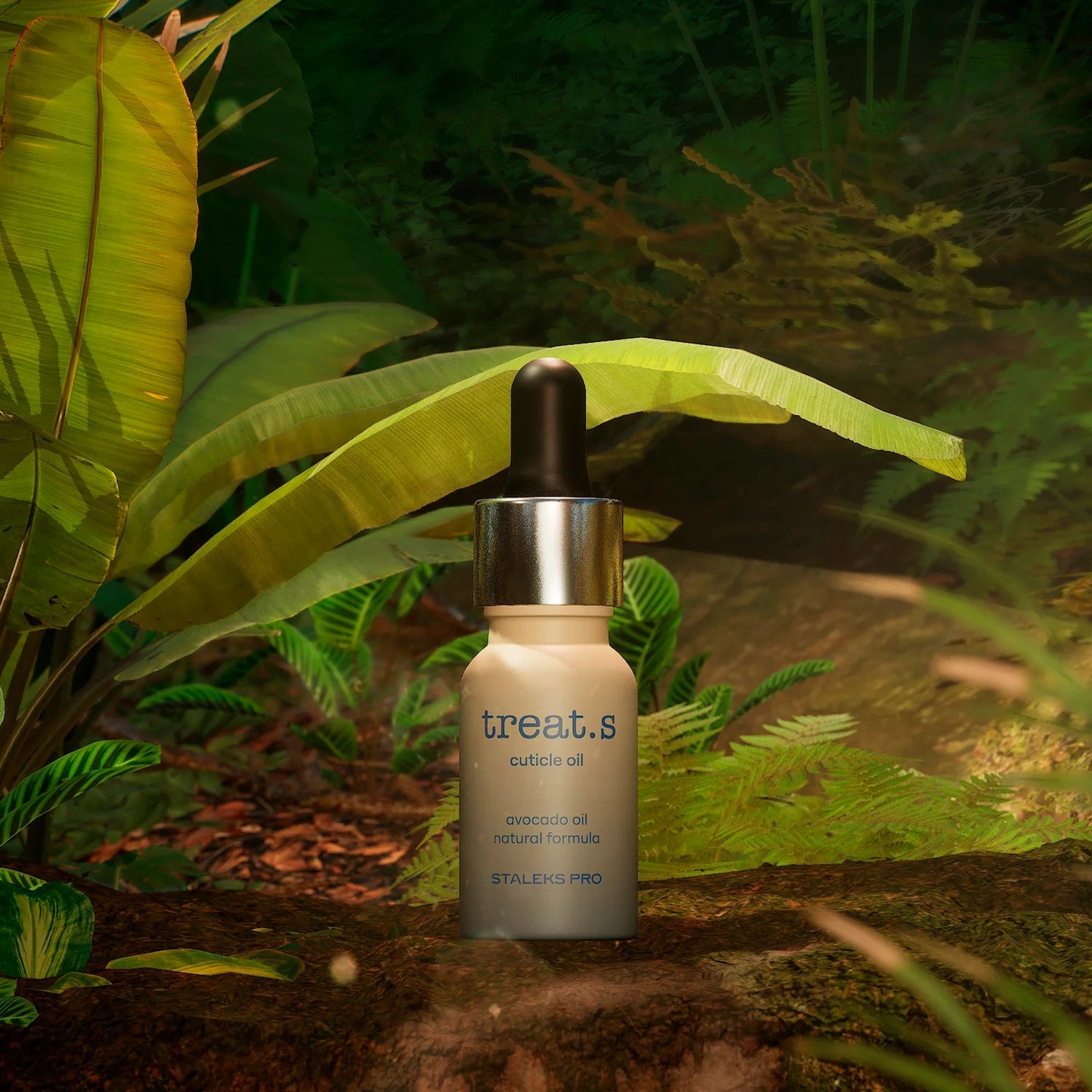 Treat.s cuticle oil bottle with dropper, avocado oil formula, surrounded by green tropical plants