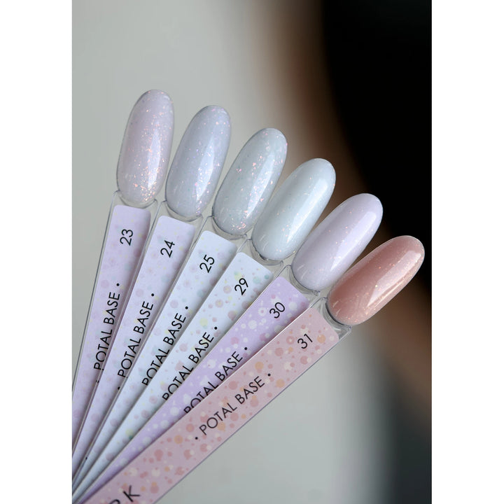Set of pastel nail polish swatches with subtle shimmer, labeled Potal Base 23-31.