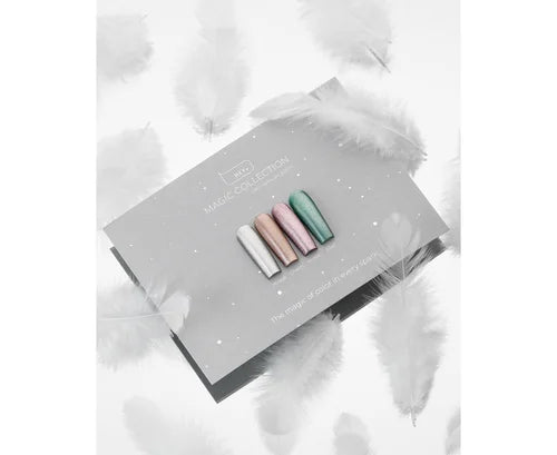 Four metallic gel nail polish swatches on a grey card, surrounded by soft white feathers