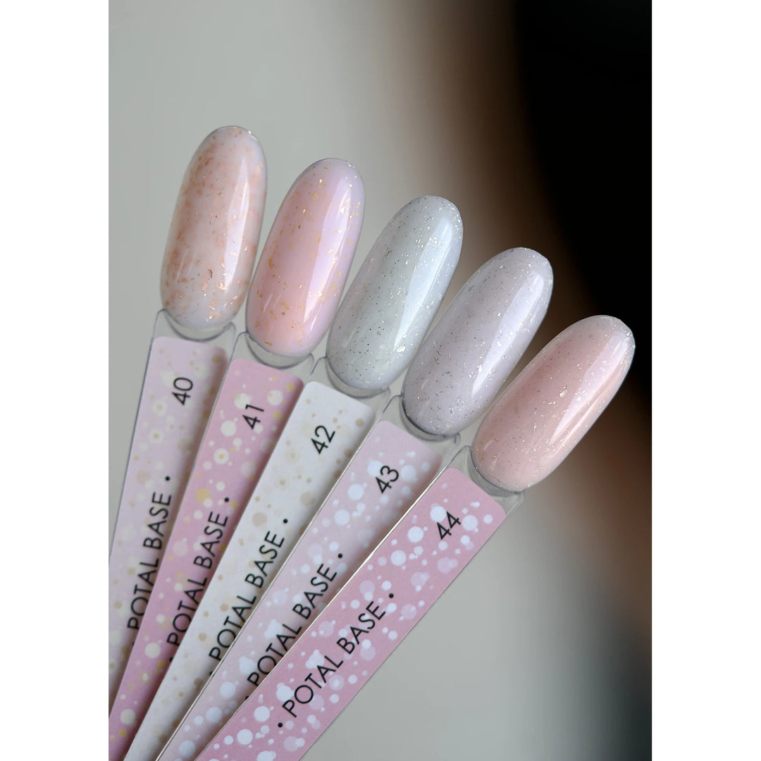 Set of five pastel gel nail polish swatches, each labeled 40 to 44, with subtle glitter.