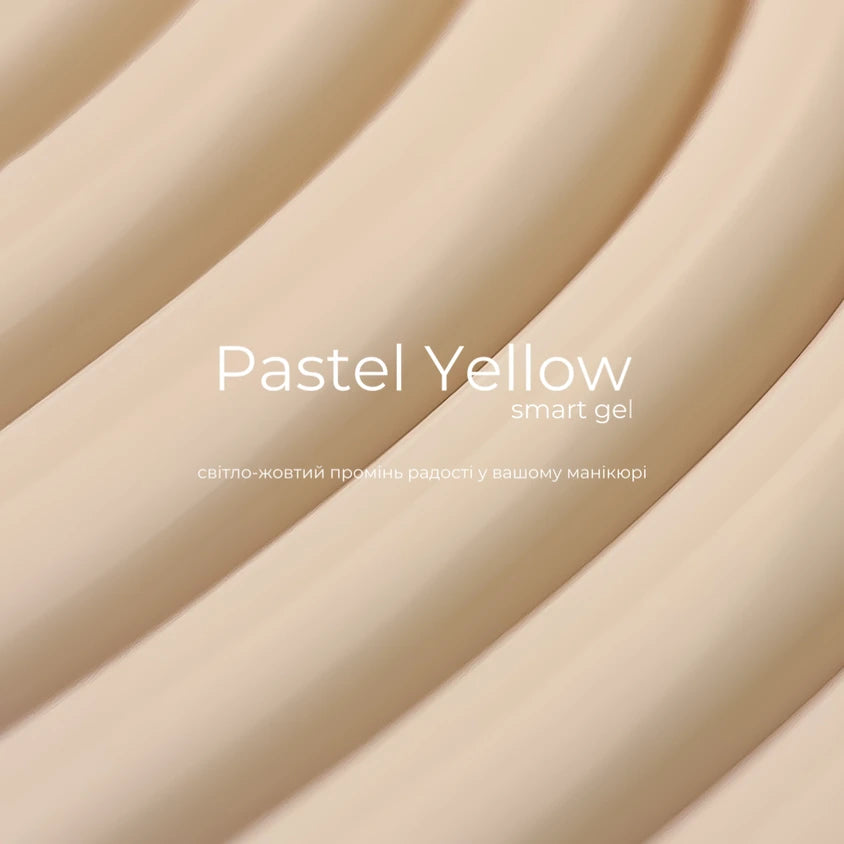 Pastel yellow smart gel nail product with a smooth, creamy, light yellow texture background.