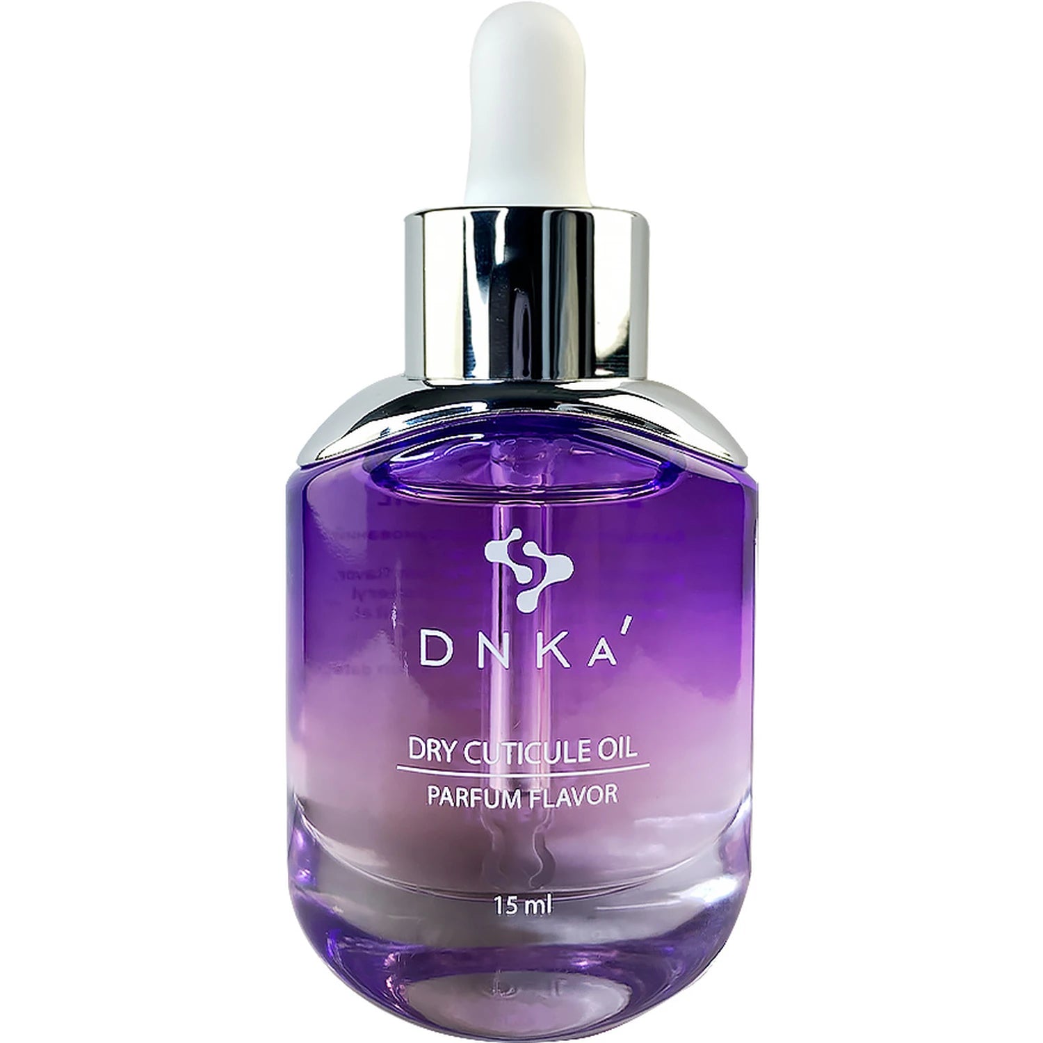 Purple and clear glass bottle of DNKA dry cuticle oil with dropper lid, 15ml