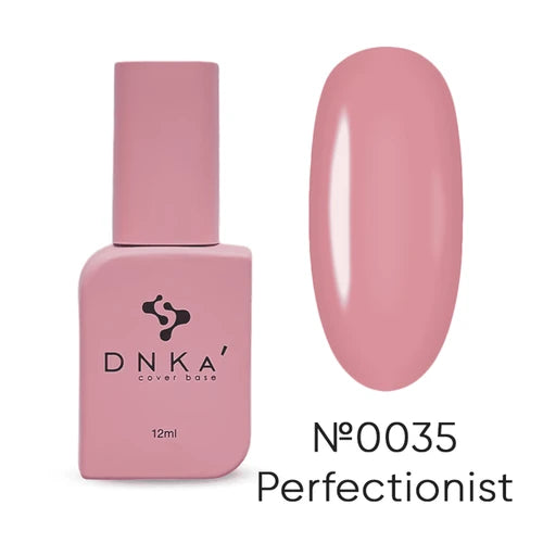 Pink DNKA nail polish bottle and nail with 'Perfectionist' label on a white background